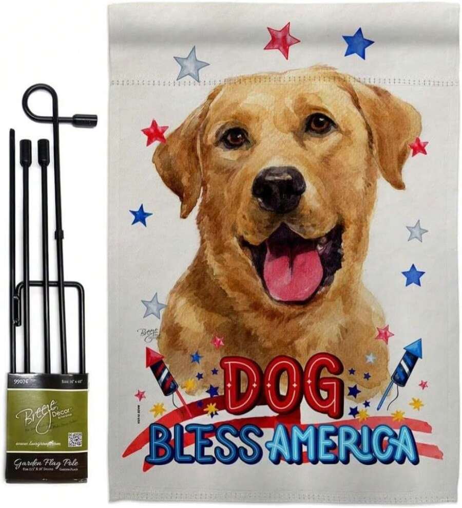 Breeze Decor Patriotic Yellow Labrador Retriever Garden Flag-Set With Stand Dog Puppy Spoiled Paw Canine Fur Pet Nature Farm Animal Creature House Banner Small Yard Gift Double-Sided, Made In USA - White - 查看 1