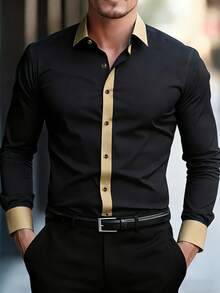 Men's Black Business Casual Shirt 2026 - Khaki Contrast Placket, Gold Metal Buttons, Comfortable, Work Shirt, Casual Friday, Daily Wear, Easy Care - Black - View 3