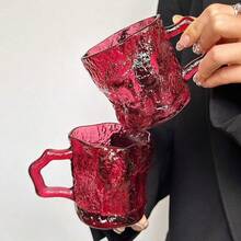 2pcs Ins Style Rose Pink Handle Glacier Glass Cup, High-Quality Household Beverage, Water, Coffee, Cold Drink, Milk Cup - Hot Pink - View 10