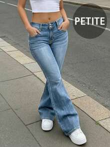 Women's Casual Fashion Washed Stretch Denim Low Waist 2-Button Petite Floor-Length Flare Jeans - Medium Wash - View 6
