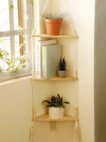 1pc Beige Bohemian Style Triangle Corner Hanging Wall Shelf, Layered Floating Display Rack, Rustic Minimalist Design With Tassel Details, Space-Saving Storage Organizer Suitable For Living Room, Bedroom, Bathroom, Kitchen, Apartment, Dorm, Plant Display, Bookshelf, Home Decor - Beige - View 8