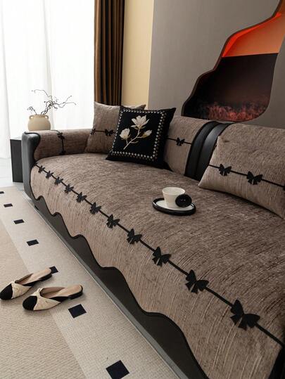1pc European Style Fresh Irregular Sofa Cushion, Bow Trim Inlaid, Chenille Texture Sofa Pad, Luxury Minimalist Sofa Cover, Protect Sofa, Anti-Slip Anti-Dust Anti-Scratch, Decorate Sofa, Suitable For Bedroom Living Room Office Study, Machine Washable, Universal Sofa Cover