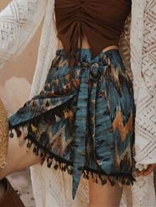 ZIMO Jasmine 复古几何印花流苏半身裙，高腰系带迷你裙，充满异域度假风情，是旅行拍照、野餐和派对的理想之选，春夏必备 - 藍色 - 查看 3