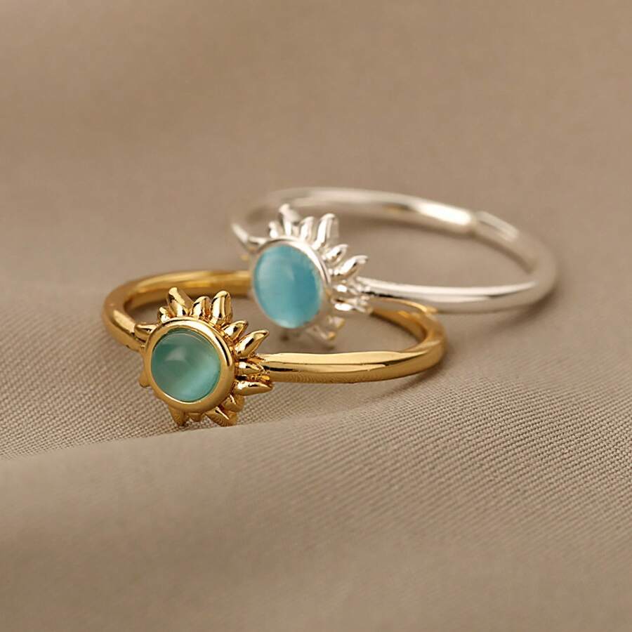 Accesorio de moda con un diseño único retro y moderno, con un girasol incrustado con piedra de ojo de gato, anillo abierto ajustable - J2221 - Oro - Ver 1