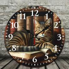 2D Flat Wooden Wall Clock, Cute Cat Print, Silent Mechanical Movement, Suitable For Living Room, Dormitory, Bedroom, Kitchen, Home Office, Etc., Wall Clock For Living Room,Living Room Deocrative,Home Decor,House Deocr,Easter Decor,Reloj De Pared - Multicolor/10in/25cm - View 3
