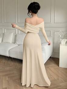 abyoxi 杏色女士长袖露肩修身连衣裙，3D立体花卉图案，网纱拼接，高开衩设计，性感优雅，复古迷人，适合浪漫约会、情人节、新年派对、正式晚宴、春夏秋季穿着。 - 杏色 - 查看 2