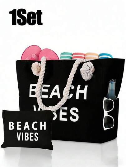 Tote Bag Set Printed With Letters "Beach Vibes", Beach Theme. Large Capacity Black Handbag With Side Pockets & Small Black Pouch, Shoulder Handbag Set, Lightweight Reusable Shopping Bag Beach Tote Bag Mini Coin Purse, Personalized Present Bag, Makeup Bag, Multifunctional Storage Pouch For Weekend Getaways Work Daily Spring And Summer Beach Vacations
