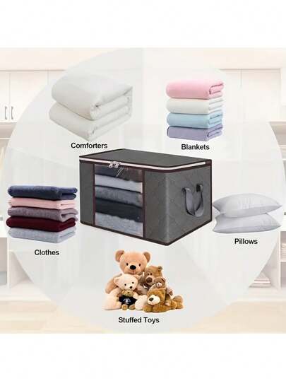 2个23.78加仑超大容量带拉链和盖子的储物袋 - 可折叠耐用衣物整理袋，适用于收纳床上用品、毯子、枕头和玩具 - 厚实面料，方便提手