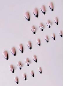 24片杏仁形美甲贴片套装，甜美黑色法式美甲风格，饰有黑色蝴蝶结和水钻，包含1个指甲锉和1张凝胶美甲贴纸，适合女性和女孩日常佩戴。 - 黑色 - 查看 3