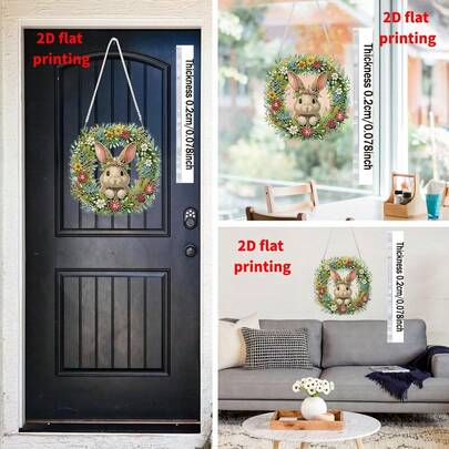 2D打印5D复活节兔子钻石画吊坠套装，复活节花环钻石画窗户装饰吊坠，DIY钻石水晶艺术套装（含链），适用于复活节窗户、墙壁、门装饰，无需用电