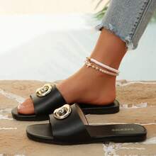 Women's Slip-On Slippers, Summer New Pig Nose Buckle Decor Black Slides, Comfortable Casual Outdoor Wear Flat Sandals, Fashionable Minimalist Design - Black - View 12
