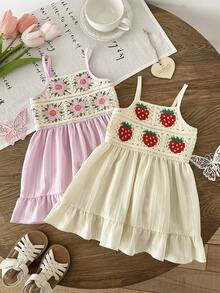 2pcs Girls' Spaghetti Strap Dress Set, Handmade Crochet Patchwork With Natural Vertical Striped Fabric, A-Line Skirt With Ruffle Hem, Lightweight And Breezy, Delicate And Sweet Style Suitable For Girls On Vacation Or Daily Wear - Multicolor - View 1