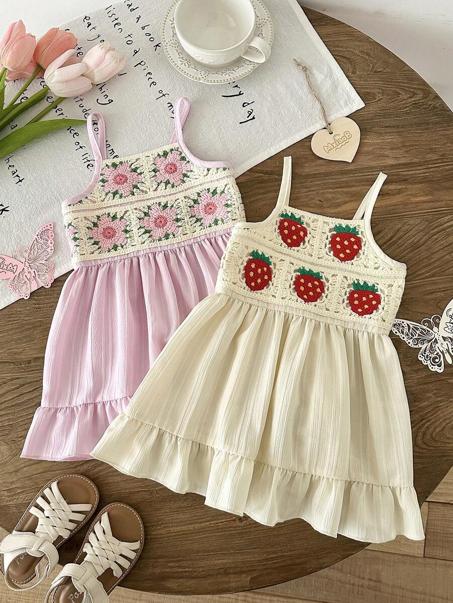 2pcs Girls' Spaghetti Strap Dress Set, Handmade Crochet Patchwork With Natural Vertical Striped Fabric, A-Line Skirt With Ruffle Hem, Lightweight And Breezy, Delicate And Sweet Style Suitable For Girls On Vacation Or Daily Wear - Multicolor - View 1