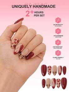 10片法式手工杏仁形美甲贴纸，渐变亚克力假指甲贴纸，DIY美甲贴纸套装，Y2K全息风格，纯色裸色、粉色、酒红色，唇印、蝴蝶结、爱心图案，光滑表面，全覆盖假指甲，可重复使用的美甲用品，适用于美甲沙龙、女孩和女士日常美甲、节日派对和礼物、情人节礼物、女孩礼物、美甲套装、美甲用品 - 彩色 - 查看 4