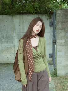 1条棕色波点印花真丝围巾，多功能真丝领带，2026新款时尚头巾，女士颈部装饰，适合日常穿搭搭配 - 咖啡 - 查看 6