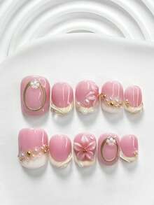 10pcs Early Spring Polish Gel Nail Art Set, Acrylic Pressed Nail Stickers, White 5-Petal Flowers, Gold & White Rhinestones, Gold Glitter Halo Design, Solid Color Water Wave Nail Decor, Pink 5-Petal Flowers, Cream Yellow Nail Polish, Sweet French Style, Includes Nail Tools (1 Jelly Sticker + 1 Nail File), 3 Sizes Available: Square, Short Square, Almond Handmade Press On Nails - Multicolor - View 2