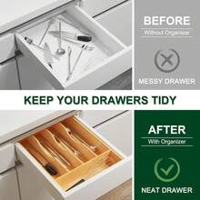 Organizador de utensilios de bambú para cajones de cocina, bandeja extensible para utensilios y cubiertos, divisores de cajones de madera con 7 ranuras ajustables. - 7 ranuras expandibles - Ver 5