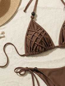 Bikinx Conjunto de bikini de mujer con tirantes de espagueti cruzados y sexy, con Bottom de bañador con lazos laterales, de tela de alta elasticidad - Óxido marrón - Ver 10