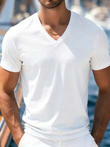Men's Casual Solid Color V-Neck Short Sleeve T-Shirt, Versatile For Summer - White - View 1