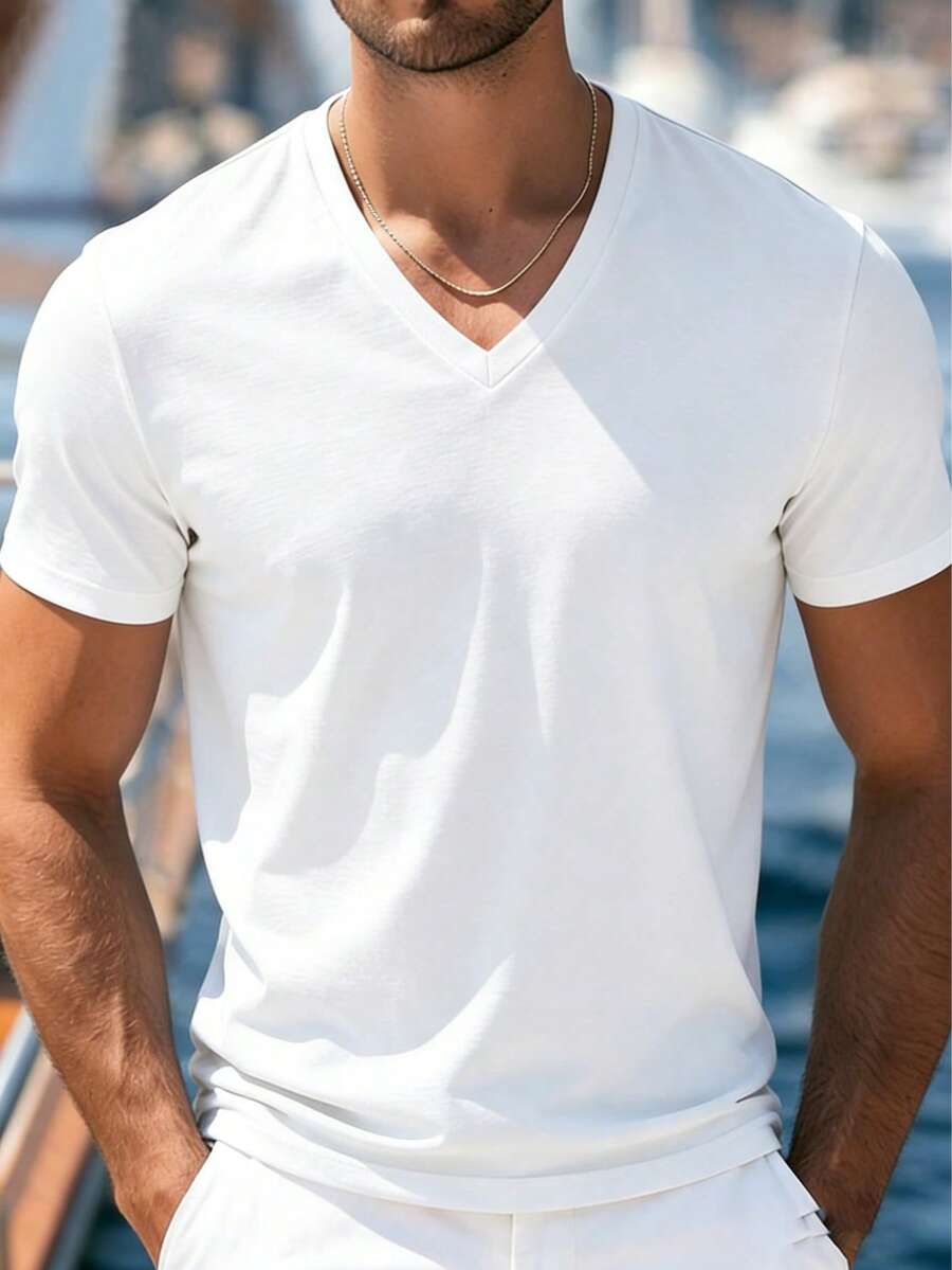 Men's Casual Solid Color V-Neck Short Sleeve T-Shirt, Versatile For Summer - White - View 1