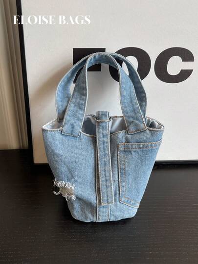 Fashionable Vintage Denim Bucket Bag Simple Casual Handbag