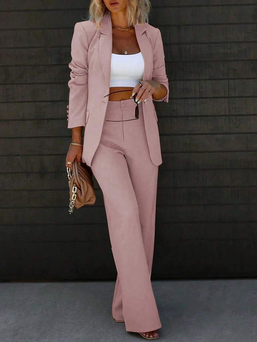 Women's Solid Color Slim Fit Formal Suit Set, One Solid Color, Suitable For All Seasons, Suitable For Parties, Dances, Parties, Birthday Parties, Cocktail Parties, Beer Festivals, Vacations, Fashion Shows - Baby Pink - View 1