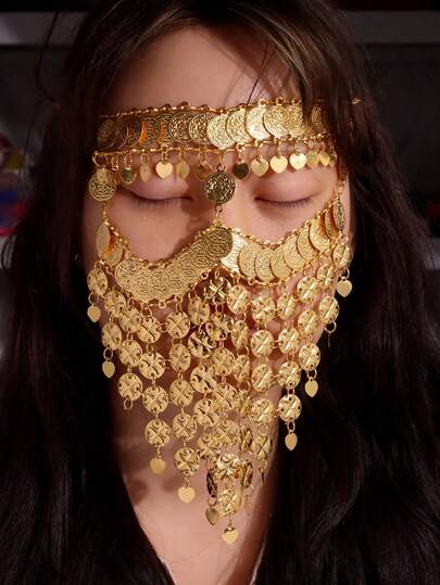 1pc Vintage Arabic Sexy Exaggerated Gold Veil Face Mask With Multi-Layer Tassel, Letter & Metal Coin Hanging Earrings, Middle Eastern Jewelry For Women