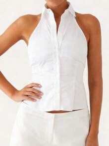Women Button Up Halter Tops Summer  Lapel Tie Up Backless Shirts For Streetwear Aesthetic Grunge Clothes - White - View 3