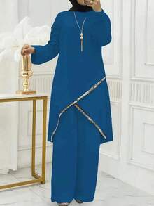 Women's Asymmetric Hem Long Sleeve Long Top And Pants Arabic Style Outfit Set Spring - Royal Blue - View 1