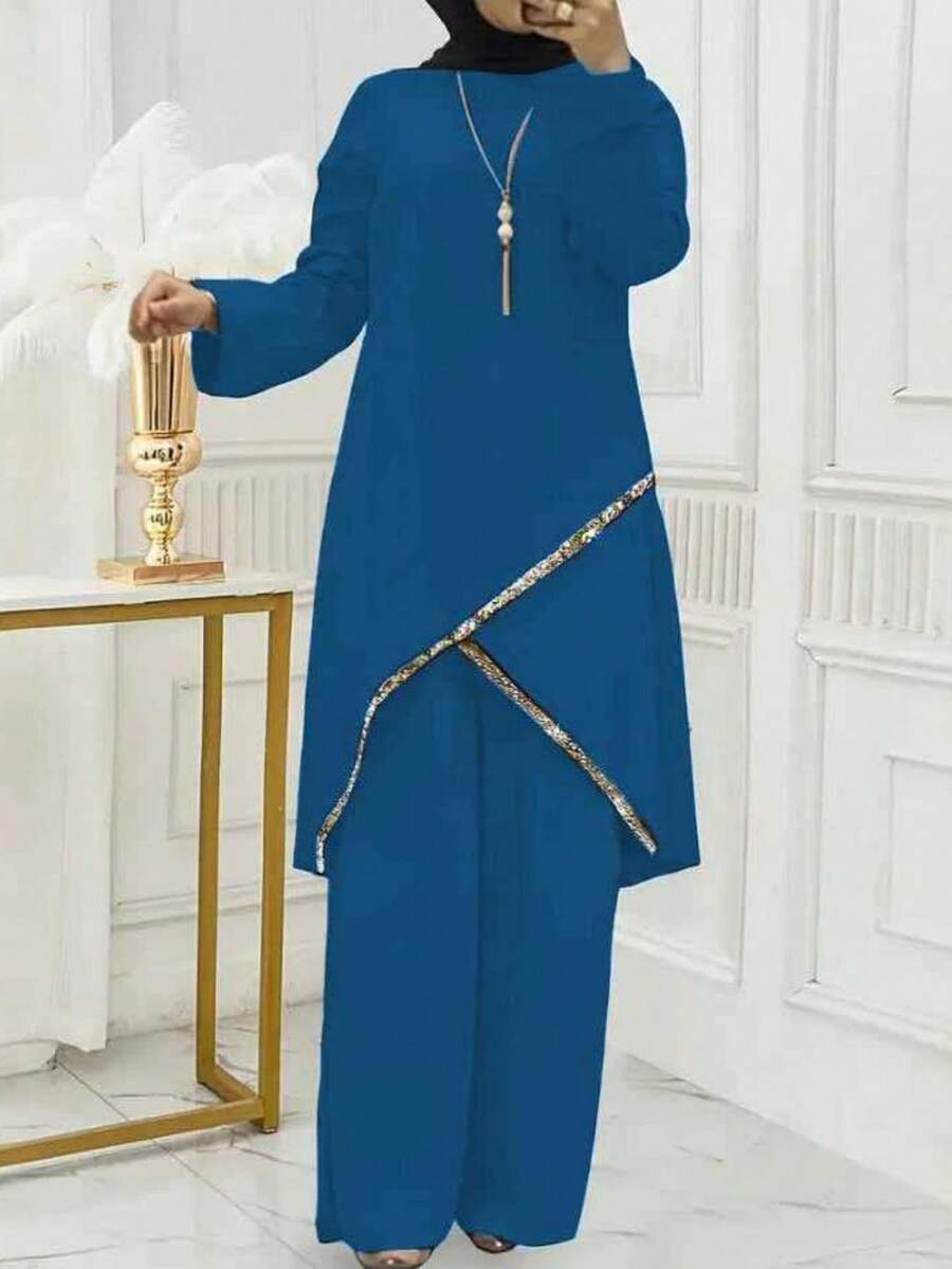 Women's Asymmetric Hem Long Sleeve Long Top And Pants Arabic Style Outfit Set Spring - Royal Blue - View 1