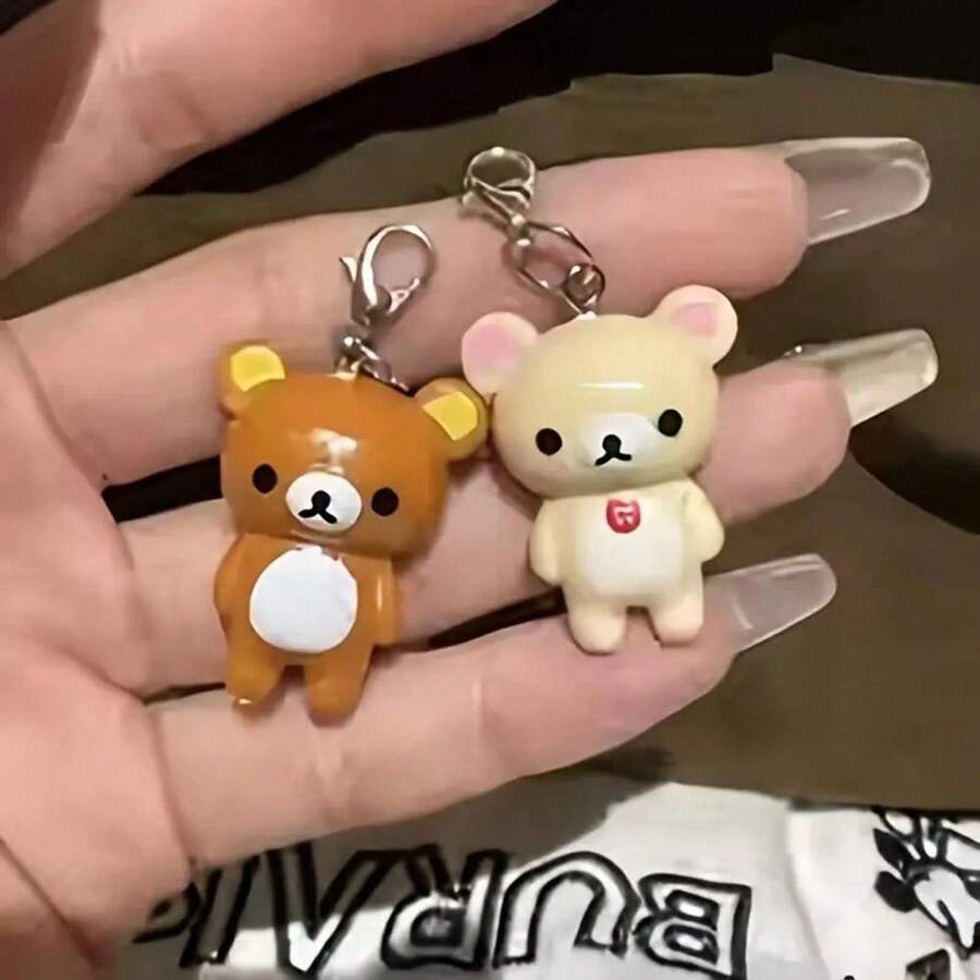Cute Lazy Bear Keychain - Durable Plastic Bear With Zinc Alloy Chain And Key Ring, Adorable Brown And White Bear Pendant Suitable For Keys, Phones, Bags - Perfect Valentine's Day And Anniversary Couple Gift - A - 查看 1