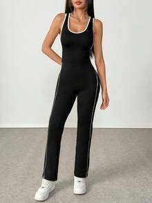 1件性感健身连体衣，修身瑜伽连体裤 - 黑色 - 查看 4