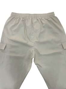 男士宽松直筒工装裤，侧边口袋，抽绳腰带，春秋季休闲工装风格 - 米色 - 查看 2