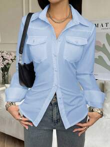 Nora Noon 女士春夏休闲修身梭织长袖衬衫，适合假日派对、生日和节日庆典，以及海滩度假风格 - 淺藍色 - 查看 4