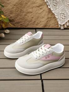 女士金属网面厚底运动鞋，春秋季新款休闲平底防滑白色学生鞋 - 粉色 - 查看 3