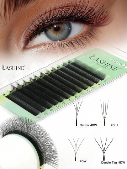 Lashine 12排 0.07 C D 黑棕色 4DW 型假睫毛 窄型 4D W 睫毛 间距更小 4D W Cilios 睫毛 4D U 型睫毛 双头 4DW 睫毛 浓密扇形睫毛 专业美容院批发