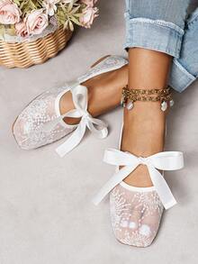 蝴蝶结方头女士平底鞋，时尚镂空透气蕾丝网面平底鞋，温柔优雅的玛丽珍芭蕾舞鞋 - 白色圓花 - 查看 3