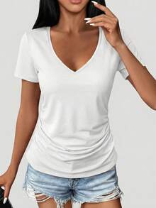 两件装女士休闲V领短袖T恤 - 宽松纯色上衣（黑/白），可机洗，四季皆宜，日常穿着，褶皱设计，夏季舒适 - 黑色+白色 - 查看 4