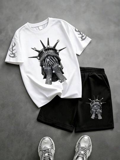 2pcs/Set Tween Boys' Loose Fit Short Sleeve White T-Shirt And Black Shorts With Cartoon Statue Of Liberty & Diamond Pattern, Breathable Casual Wear For Spring And Summer