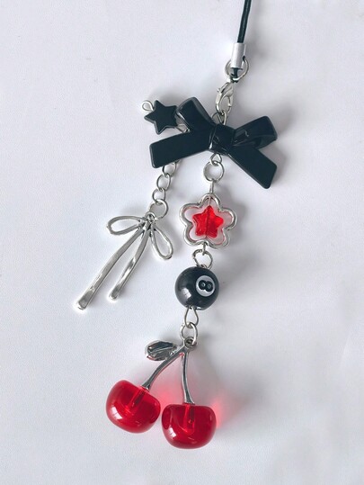 1条甜美酷炫的黑红樱桃手机挂绳，黑色8号球蝴蝶结串珠手机挂绳，独特的小众包包/车钥匙吊坠，适合送给母亲、家人、朋友，生日、节日礼物，手机挂饰，手机挂绳（由于拍摄角度和放大倍数，实际尺寸可能与照片略有不同）