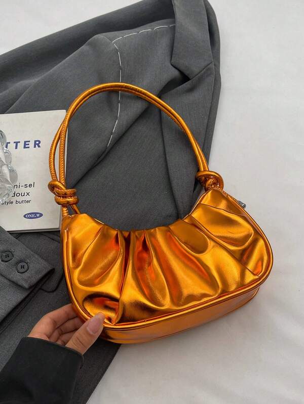 1pc Solid Glossy PU Leather Cloud Pleated Crescent Shoulder Bag, Fashionable Minimalist Versatile Elegant Ladies Handbag, Suitable For Shopping, Commuting, And Evening Events