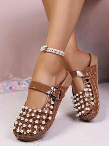 Women's Fashionable Versatile Pearl Hollow Out Sandals - Brown - View 4