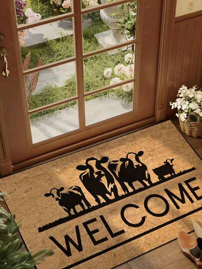 1pc Interesting Cow "Welcome" Pattern Doormat, Yellow Graphic Minimalist Style Short Plush Quick-Dry Non-Slip Washable Entrance Mat, Suitable For Kitchen, Bathroom, Dining Room, Hallway, Party, Gathering, New Year, All Seasons, Yard Decor