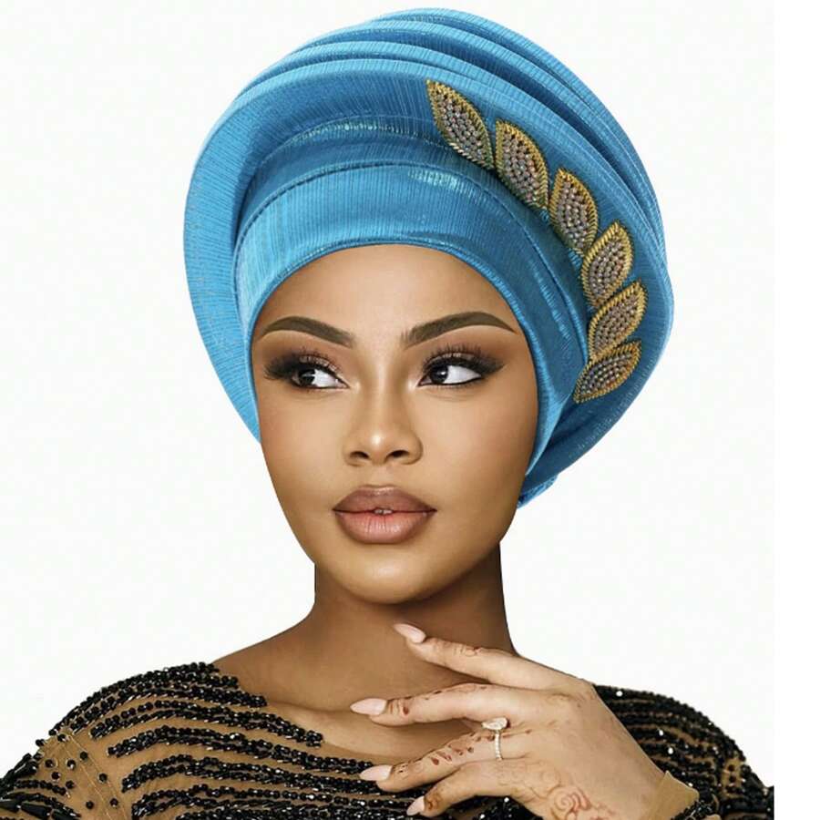 Women African Hat, Elegant Pleated Leaves Turban Hat Head Wrap Fashion Accessories - 湖藍色 - 查看 1