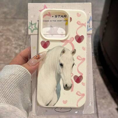 1pc TPU Material Elegant White Horse, Heart & Bow Design Phone Case Compatible With IPhone 17 Pro Max/17/16 Pro Max/15/13/12/11, S20 FE/A15/S24/A55, Note 11/12/13 Pro, Full Coverage Anti-Drop Soft Protective Cover