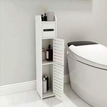 现代风格浴室柜、盥洗柜、窄柜带卫生纸架、独立浴室置物架，适用于家庭和厨房；浴室盥洗柜、带门和置物架的厨房柜、独立纤薄侧边储物架、家具、防水厨房置物架、白色食品储物柜 - 彩色 - 查看 4