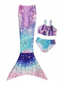 Children Girls Tankini Swimsuit 3 Piece Mermaid Bathing Suit Kids Ruffle Top With Shorts Fish Tail Bikini Set Swimwear 1-14Y - H - 查看 4