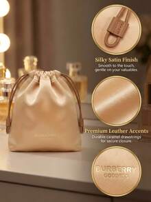 Burberry Goddess抽绳化妆包 - 单件香槟色缎面化妆包，饰以皮革点缀和金色Logo印花，奢华设计师旅行及日常收纳包 - 橘色 - 查看 6