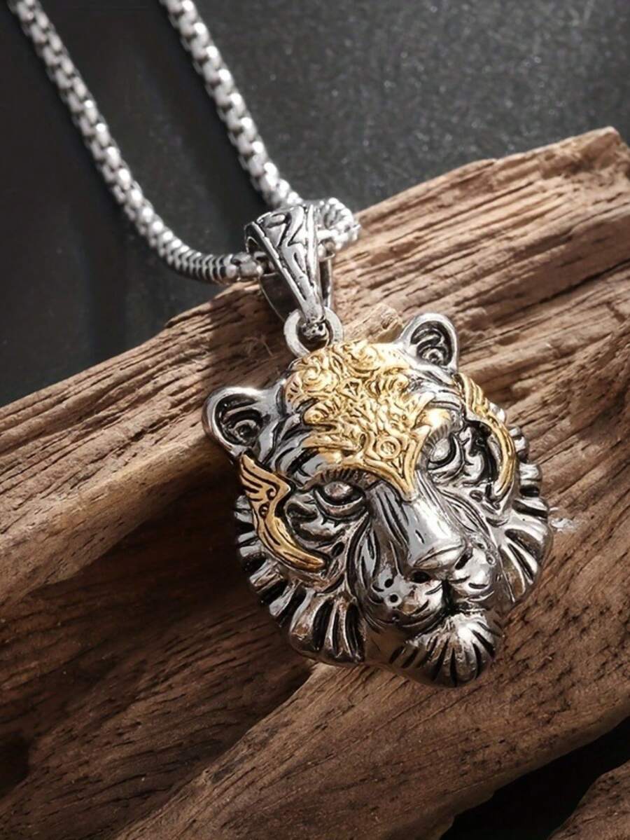 1件男士精致时尚虎头吊坠项链霸气野兽吊坠首饰配饰 - 銀色 - 查看 1