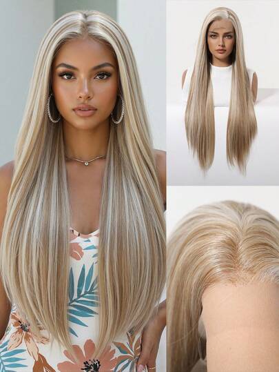 30" 13x4 Glueless Lace Front Wig, Long Ash Blonde With Highlights Long Straight Synthetic Wigs For Women, Heat Resistant Fiber For Daily Wear